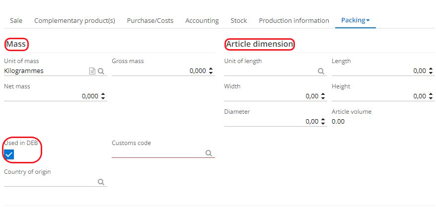 1.1. The Packing tab on the Product file. Define the weight and dimensions of an item. Tick the box Used in DEB (declaration of exchange and goods) if the product is subject to DEB. In this case, the Customs code and Country of origin fields will appear.